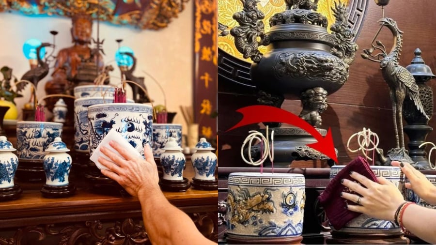 Khi bao sái bàn thờ, rút chân hương, gia chủ cần chú ý tuyệt đối không được làm xê dịch bát hương.