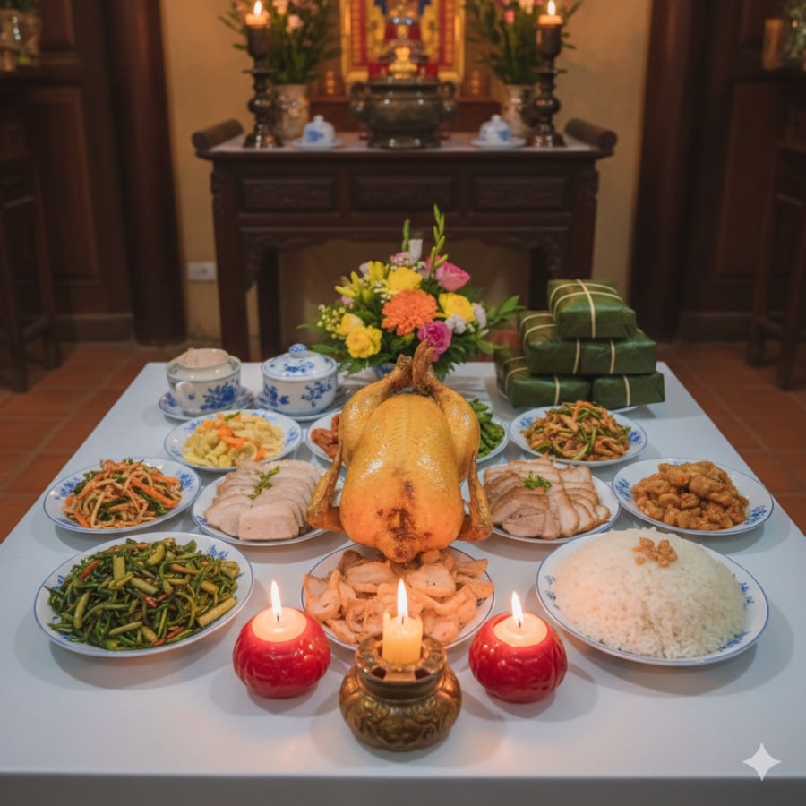 Mâm cỗ cúng ông Công ông Táo với cấu trúc truyền thống, kết hợp hài hòa các yếu tố tâm linh và ẩm thực 