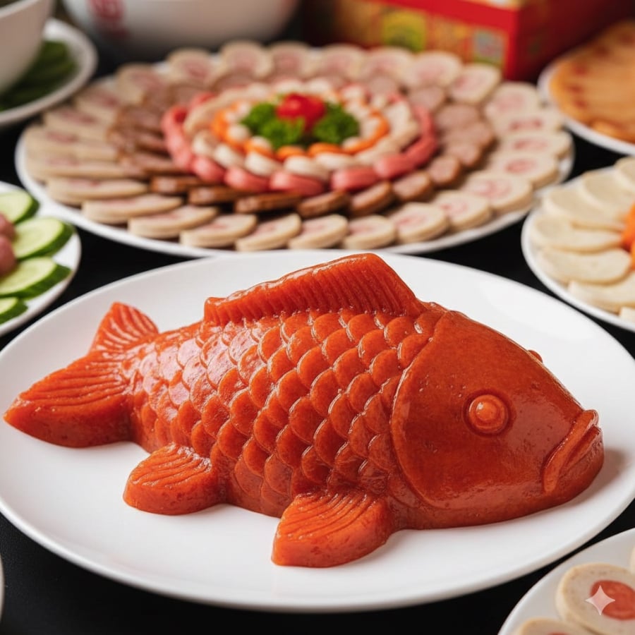 Xôi gấc cá chép và giò hoa ngũ sắc giúp mâm cỗ cúng ông Công ông Táo thêm đẹp mắt, giàu ý nghĩa.