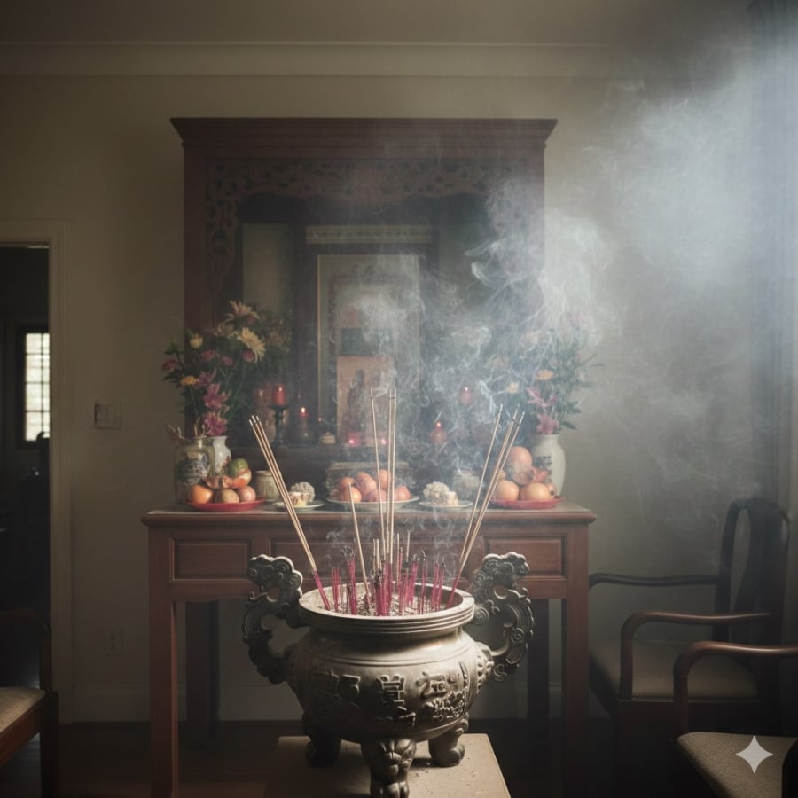 Thắp quá nhiều hương không làm tăng sự linh thiêng mà còn khiến không gian thờ cúng ngột ngạt, mất cân đối.