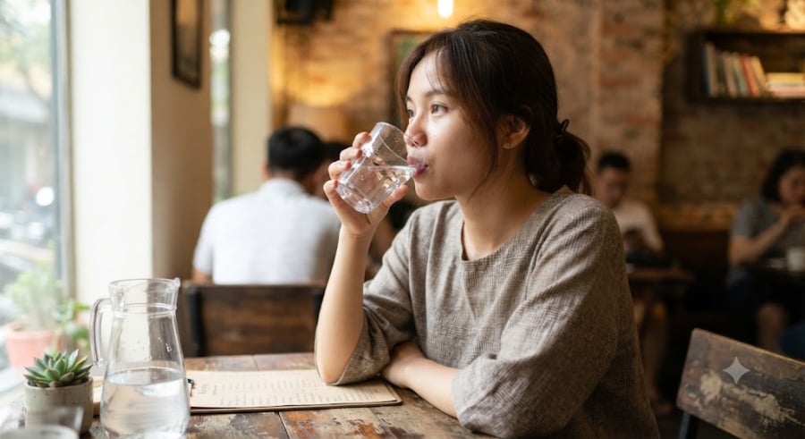 Hãy đặt sẵn một cốc nước ấm cạnh giường. Sau khi tỉnh giấc, hãy cử động tay chân nhẹ nhàng trong 1 phút rồi uống nước.
