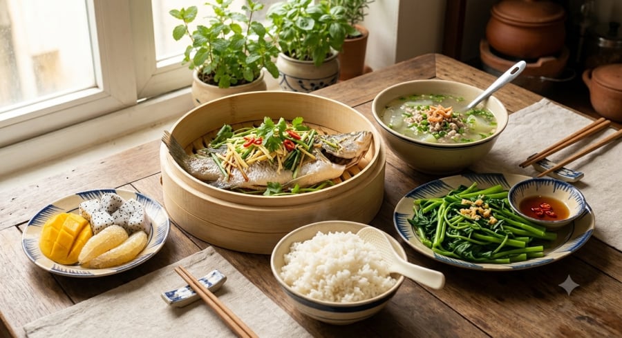 Thực đơn ưu tiên món hấp, luộc và hầm kết hợp rau xanh, protein nạc giúp cung cấp dinh dưỡng cân bằng, đồng thời hỗ trợ hệ tiêu hóa hoạt động nhẹ nhàng hơn.