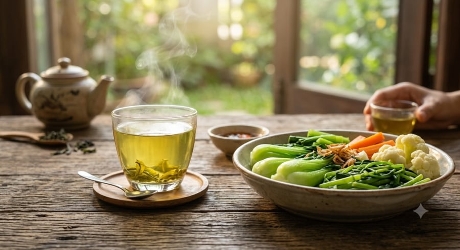 Kết hợp uống trà xanh với chế độ ăn cân bằng và lối sống khoa học có thể góp phần hỗ trợ cải thiện chức năng gan và giảm nguy cơ gan nhiễm mỡ.