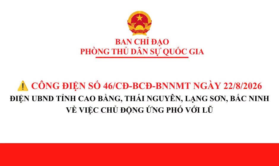 Có thể là hình ảnh về văn bản cho biết 'PHONG BAN CHỈ ĐẠO τύ DÂN SỰ QUỐC GIA ! CÔNG ĐIỆN SÓ 46/CD-BCĐ-BNNMT -NMT NGÀY 22/8/2026 ĐIỆN UBND TỈNH CAO BẰNG, THÁI NGUYÊN, LẠNG SƠN, BẮC NINH VỀ VIỆC CHỦ ĐỘNG ỨNG ΡΗό VỚI LŨ'