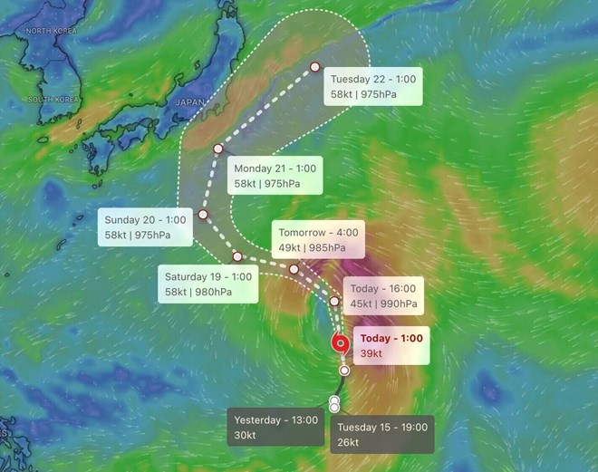 Thông tin dự báo cường độ và quỹ đạo bão nhiệt đới Dujuan từ ngày 17-22.9. Ảnh: Windy